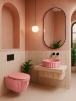 Set: Vas de toaletă suspendat + Lavoar pe blat Rea Light Pink Matt - imagine 3