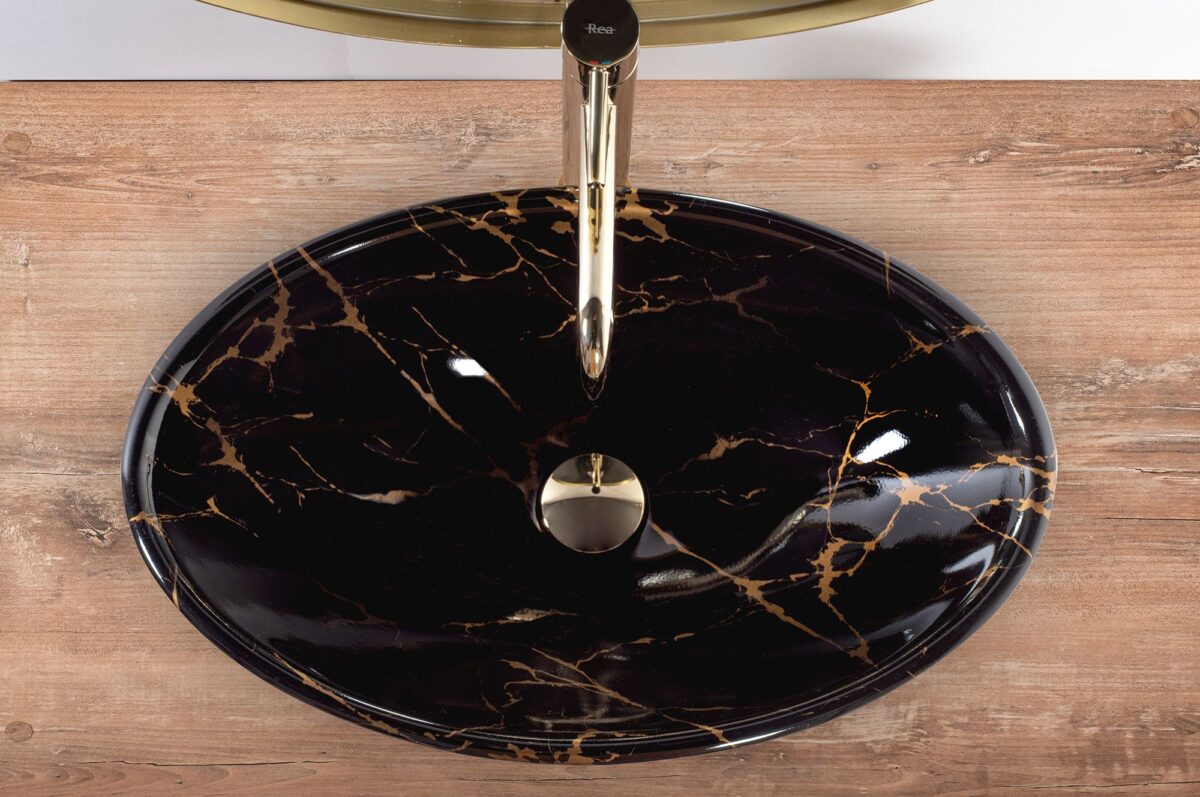 Lavoar pentru blat REA Pamela Black Marble Shiny - imagine 4