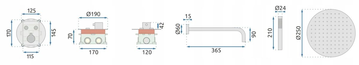 Set de duș incastrat Rea LUNGO Auriu Periat + BOX cu termostat - imagine 6