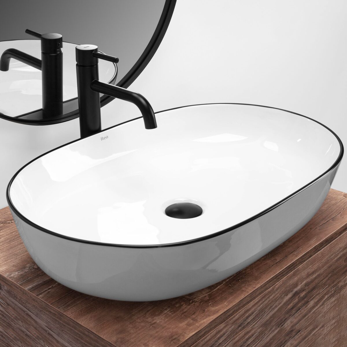 Lavoar ceramic pentru blat Rea CLEO white Black edge - imagine 1