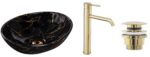 Set lavoar Sofia marble black + baterie inalta Lungo gold + dop universal gold - imagine 8
