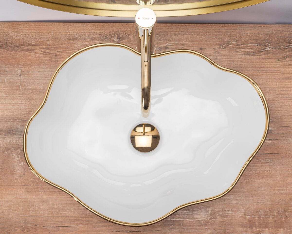 Lavoar pentru blat Rea Pearl Gold Edge Alb Auriu - imagine 1