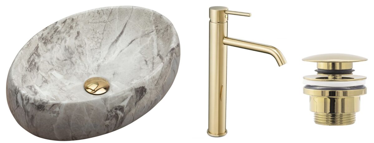 Set lavoar Linda Stone + baterie inalta Lungo gold + dop universal gold - imagine 8
