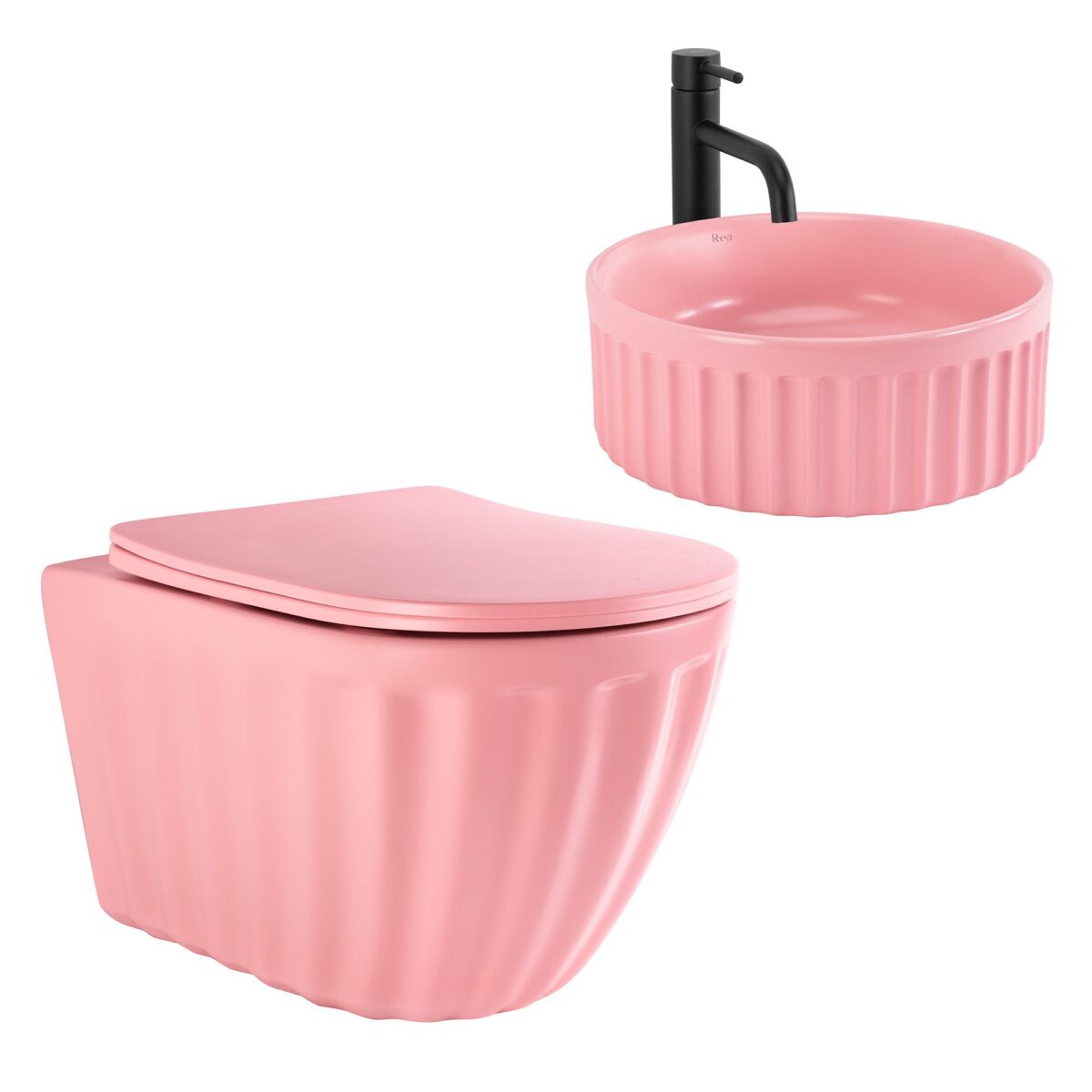 Set: Vas de toaletă suspendat + Lavoar pe blat Rea Light Pink Matt - imagine 1