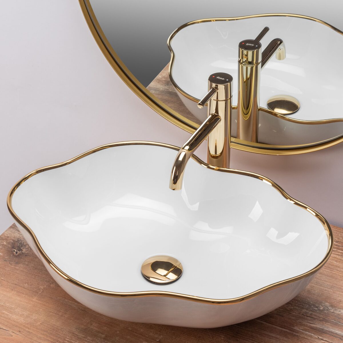 Lavoar pentru blat Rea Pearl Gold Edge Alb Auriu - imagine 2