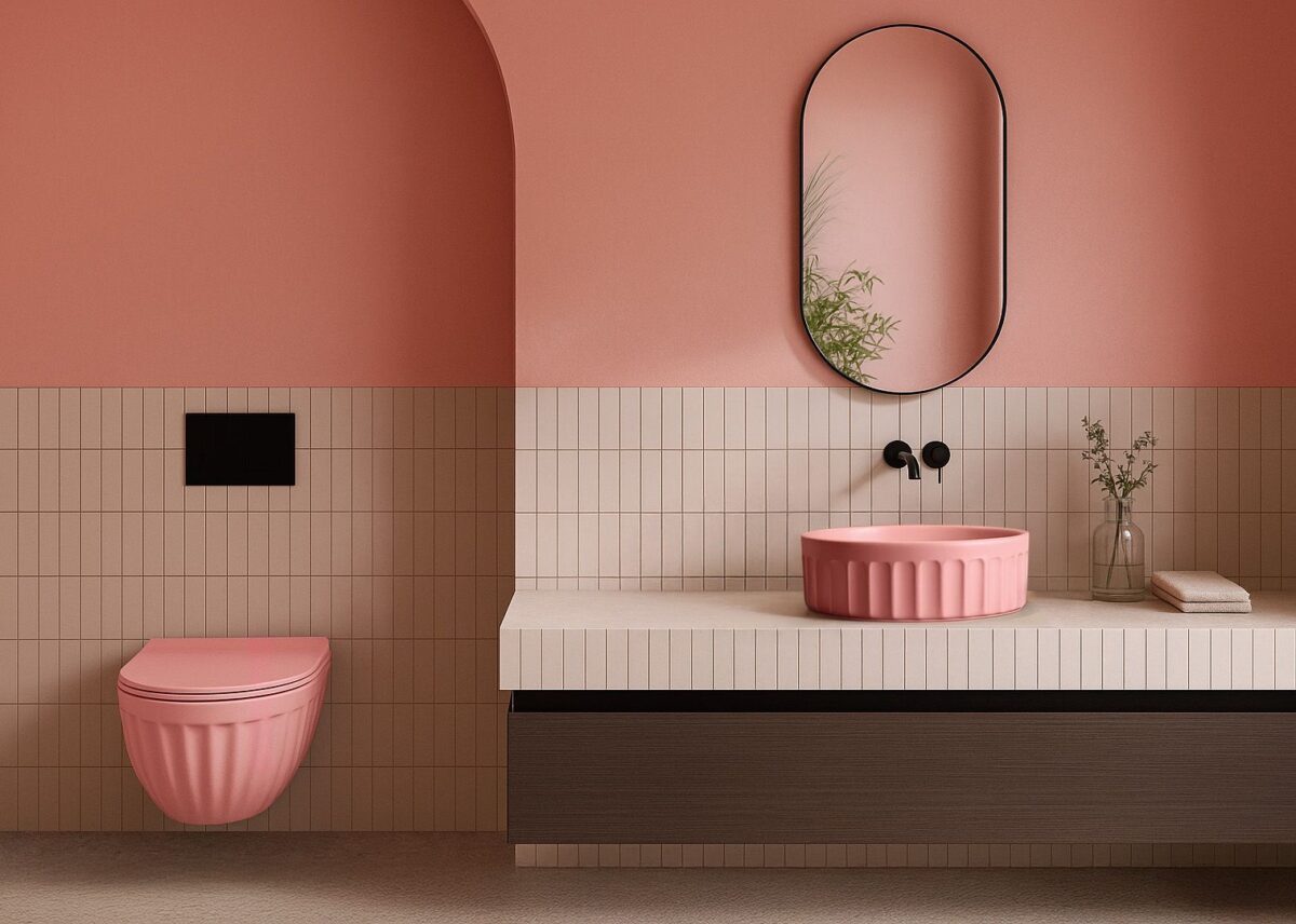 Set: Vas de toaletă suspendat + Lavoar pe blat Rea Light Pink Matt - imagine 2