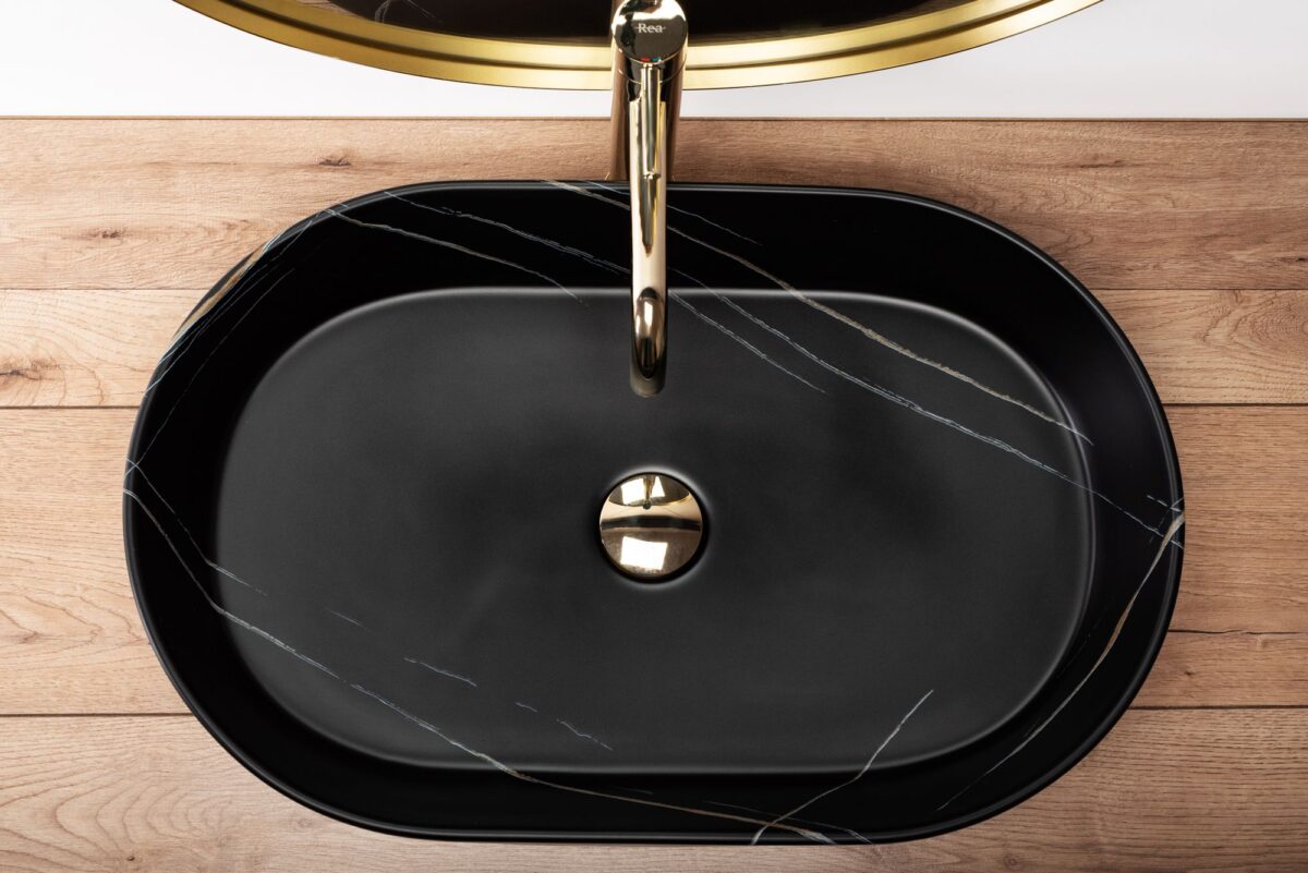 Lavoar ceramic pentru blat Rea Nadia Stone Black Matt - imagine 3